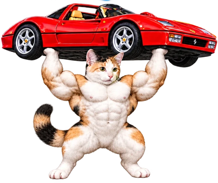 Buff cat lifting a sports car